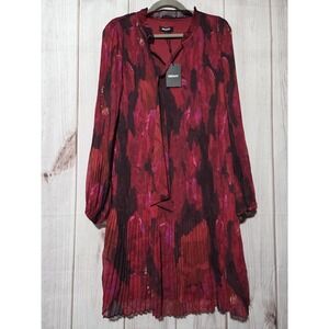 DKNY Dress Womens 16 Red Floral Pleated Chiffon Long Sleeve Shift‎ V Neck